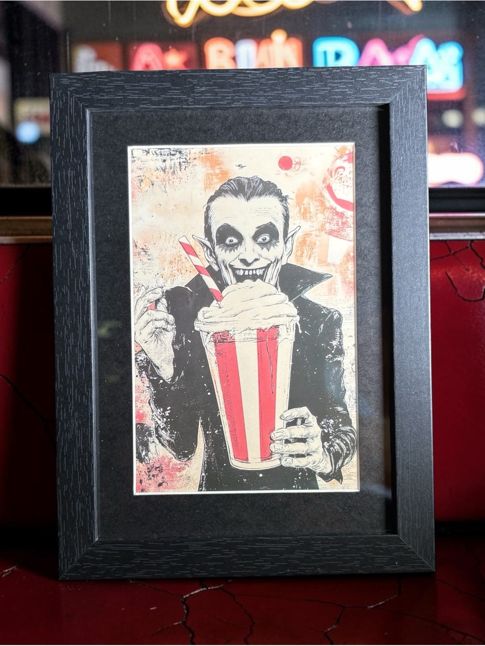 Retro Vampire Milkshake Framed Art 5x7 Gothic Horror Diner Decor